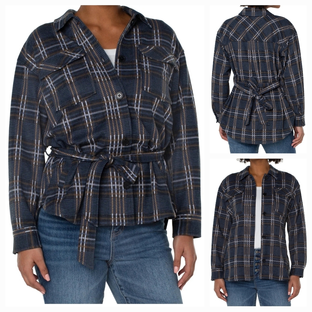 NWT Liverpool Los Angeles Oversized Plaid Belted Shirt Jacket Shacket